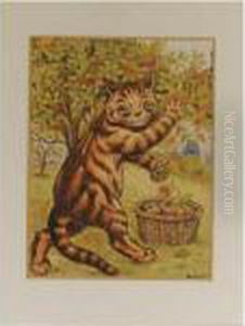 Cat In Orchard Picking Apples by Louis Wain