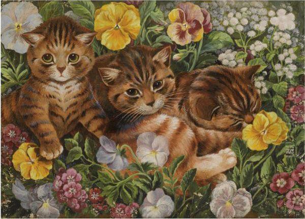 Three Kittens In A Flower Bed - view 1