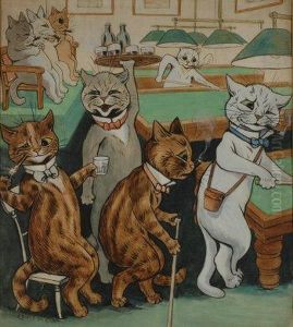 Snooker Hall With Catsplaying by Louis Wain