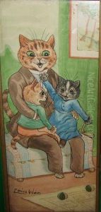 Watercolour, A Cat Family, 11" X4"100-130 by Louis Wain