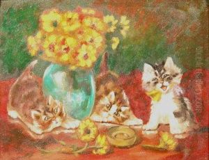 Three Kittens And Flowers In A Vase