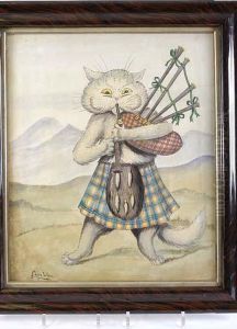 1860 - 1939) "a Clan Cat Playing
 The Bagpipes", Watercolour And Ink, Bears Signature, 47cm X 40cm