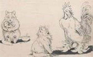 The Shocked Cat And The Very Largerooster by Louis Wain