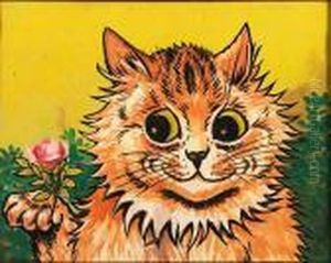 A Tabby Cat Holding A Rose by Louis Wain