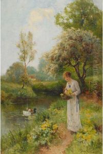 Lady Feeding Ducks; Lady In A Garden by Ernst Walbourn