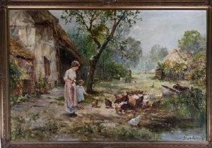 A Farmyard Scene With Mother And Child Feeding Hens