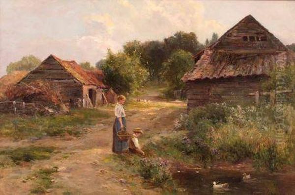 Young Boy With His Mother Fishing In A Farm Pond - view 1
