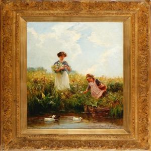 Girls On A Meadow By Acreek With Ducks by Ernst Walbourn