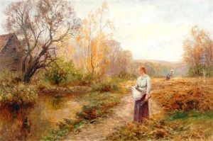 Young Girls Collecting Faggots By A Pond by Ernst Walbourn