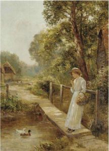 The Flower Basket; Sewing In The Garden by Ernst Walbourn