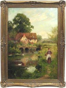 A Female Figure By A Stream With Ducks And A Cottage In The Background by Ernst Walbourn