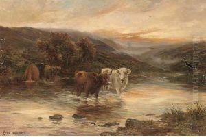Highland Cattle Watering In A River Landscape by Ernst Walbourn