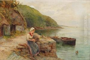 Fishergirl Knitting On Shore