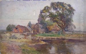 Country Landscape With Farm Buildings And River by Ernst Walbourn