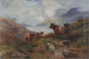 Highland Cattle Before A Loch Landscape by Ernst Walbourn