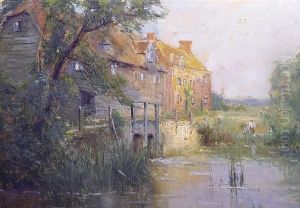Riverside Cottage And Figures On A Bank