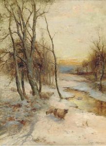 Sheep In A Winter Landscape, Evening by Ernst Walbourn