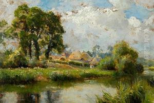 Children Before Cottages On The River Bank
