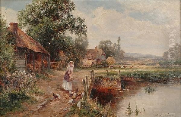 Extensive River Landscape With Girl Feeding Birds By A River In The Foreground - view 1