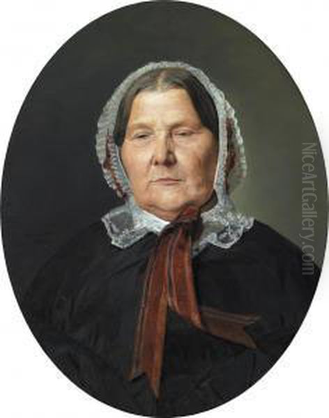 Old Woman In Black Dress And White Ruched Bonnet With Red Ribbons - view 1
