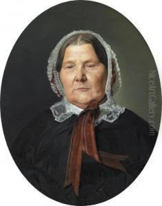 Old Woman In Black Dress And White Ruched Bonnet With Red Ribbons