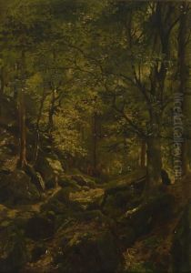Waldinneres Mit Rehen. by Ferdinand Georg Waldmuller