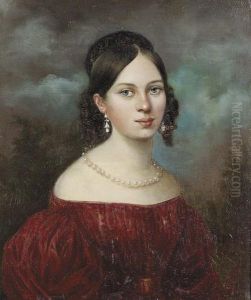 Portrat Einer Jungen Dame In Rotem Kleid. by Ferdinand Georg Waldmuller