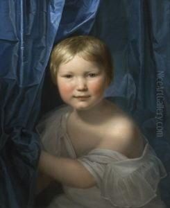 Madchen Mit Hellblonden Haaren Vor
 Blauem Vorhang. by Ferdinand Georg Waldmuller