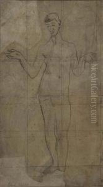 Standing Male Nude With Uplifted Hands - view 1