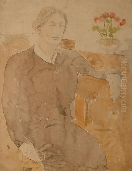 Portrait Of A Woman With A Vase Of Red Flowers. - view 1