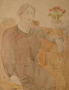 Portrait Of A Woman With A Vase Of Red Flowers.