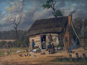 Washday Cabin Scene With Chimney Pole, Cereal Field Beyond And Distant Mountain Skyline by William Aiken Walker