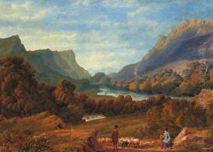 A shepherd herding sheep on a track in a Welsh valley by William Turner