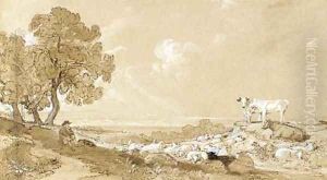 A shepherd resting beneath a tree with a view of Gloucester in the distance by William Turner