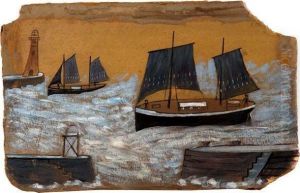 Shipping Off A Harbour Wall With Lighthouse by Alfred Wallis