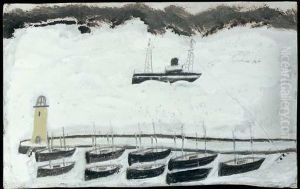 Fishing Boat And Nine Small Boats In A Harbour by Alfred Wallis