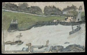 Harbour Scene With Castle And Lighthouse by Alfred Wallis