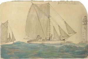 Sailing Boat With Figures And Lighthouse by Alfred Wallis