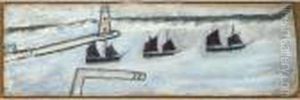 Three Sailing Boats And Lighthouse by Alfred Wallis