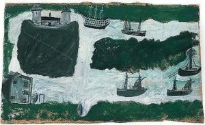 Cornish Coast With Boats In Harbour by Alfred Wallis