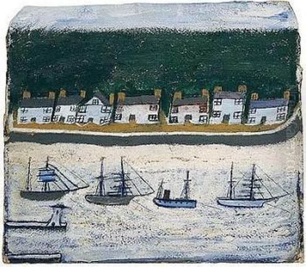 Four Boats Sailing Past A Row Of Seven Houses - view 1