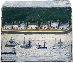 Four Boats Sailing Past A Row Of Seven Houses by Alfred Wallis