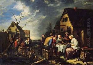 Maids serving peasants outside an inn by Gillis van Tilborgh
