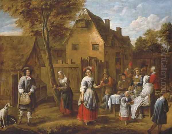 Elegant figures gathering around a table in a courtyard - view 1