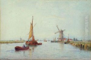 Dutch River Scene With Barges And Windmill