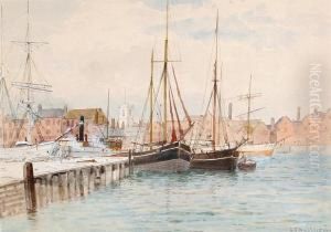 Thames Barges Moored; Discharging Timber Onsouthampton Water by George Stanfield Walters