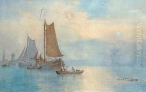 Sailing Boats In A Sea Mist With A Windmill Beyond by George Stanfield Walters