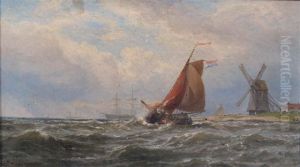 Dutch Fishing Smacks Off The Coast With Windmill by George Stanfield Walters