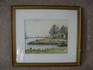 Rba 1938- - Jetty And Estuary Withwindmill Watercolour Initialled Glw/84 9in X 11in by George Stanfield Walters