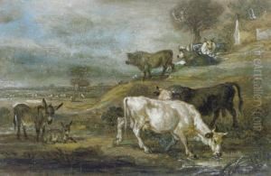 Cattle And A Pair Of Donkeys Grazing In An Extensivelandscape by James Ward